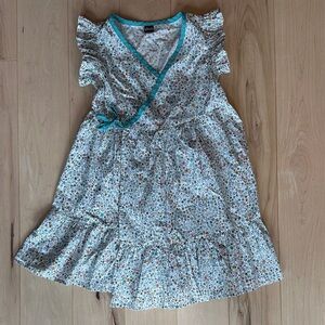Tea Floral Ruffle Kids Wrap Dress with Blue Trim